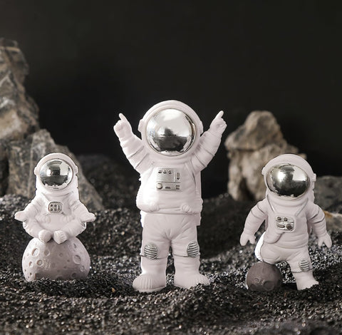 Blue White Astronaut Statues Set of 4, Spaceman Sculpture Figurines Outer Space Theme Decor for Nursery Room Cake Topper