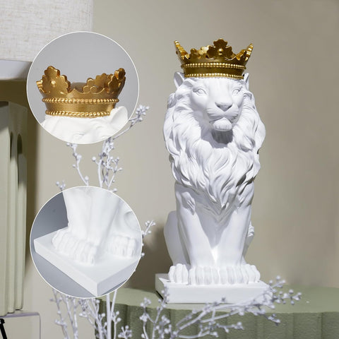 Lion Statue - Outdoor Collectible Figurine, 15 Inch Gold Crown Black Standing Lion Home Decor for Desk & Home Black Decor Gift