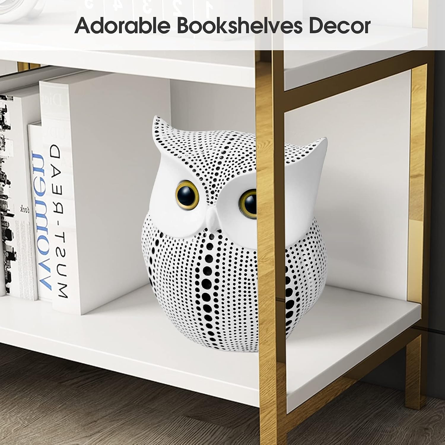 APPS2Car Owl Statue for Home Decor Accents Office Decoration, Handmade Polka Dots Buhos Modern Bird Figurine for Indoor Book Shelf Desktop Cabinet Fireplace Mantel Living Room Bedroom Ornament (White)