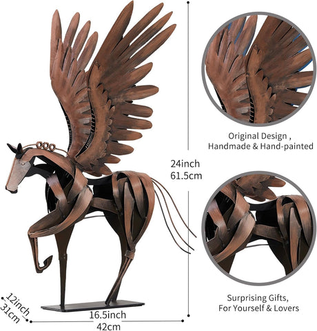 Horse Statue Décor Artwork, 24" H Handmade Metal Pegasus Greek Flying Horse Sculpture, Hand-Painted Animal Figurines for Home Living Room Office (Brown with Wings)