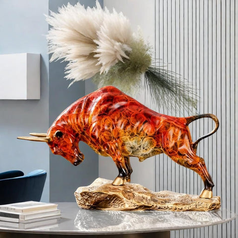 Bronze Bull Sculpture - Pure Copper Charging Bull/Cow/Ox Figure and Statue Handmand Collectable Art Decor - Raging Bull Figurine for Office& Home Decorations and Gift (L:8.3in Red)