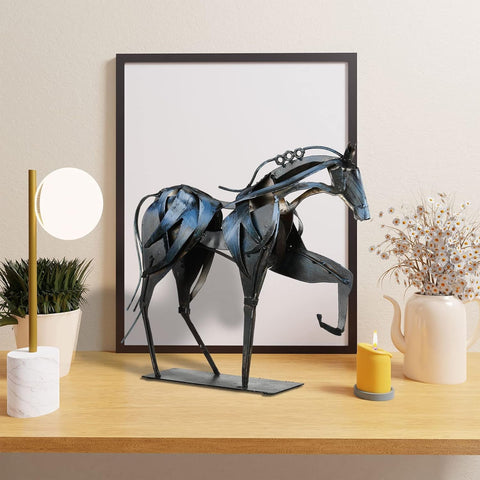 Handmade Horse Statue - Unique Rustic Decor for Office & Home - Hand-Painted Metal Sculpture - Perfect Handicraft Gift for Horse Lovers (Blue)