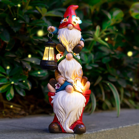 Garden Gnome Statue with Solar Lights Large Garden Sculptures Funny Triple Gnome Outdoor Patio Lawn Yard Garden Decor Gifts for Women Mom 12 in Spring Gnomes Outdoor