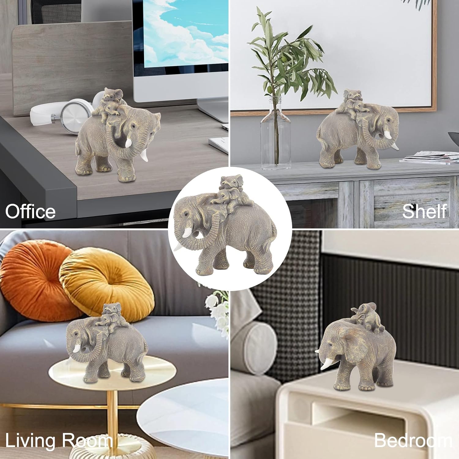 Good Luck Elephant Figurines Home Décor Elephant Carries Two Calves on Its Back Statue Décor for Shelf Good Gifts for Women Decoration for Living Room, Bedroom, Office