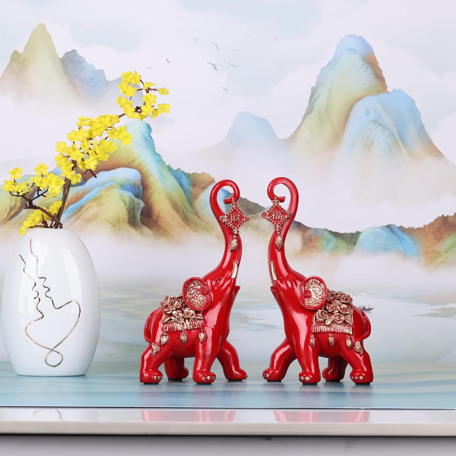 Red Elephant Statues Home Decor, A Pair Red Lucky Elephant Statue and Sculpture Decorativos Para Sala, Elephant Art Ornament - For Living Room Tv Stand, Entry Table Coffee Table Office Knick Knacks