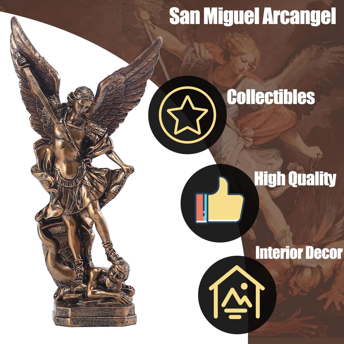 QIANLING 12.5in San Miguel Arcangel Statue, St Michael Statue in Bronzed Resin, St Michael The Archangel victoriously Over Satan Collection Figurines for Collection or Decor