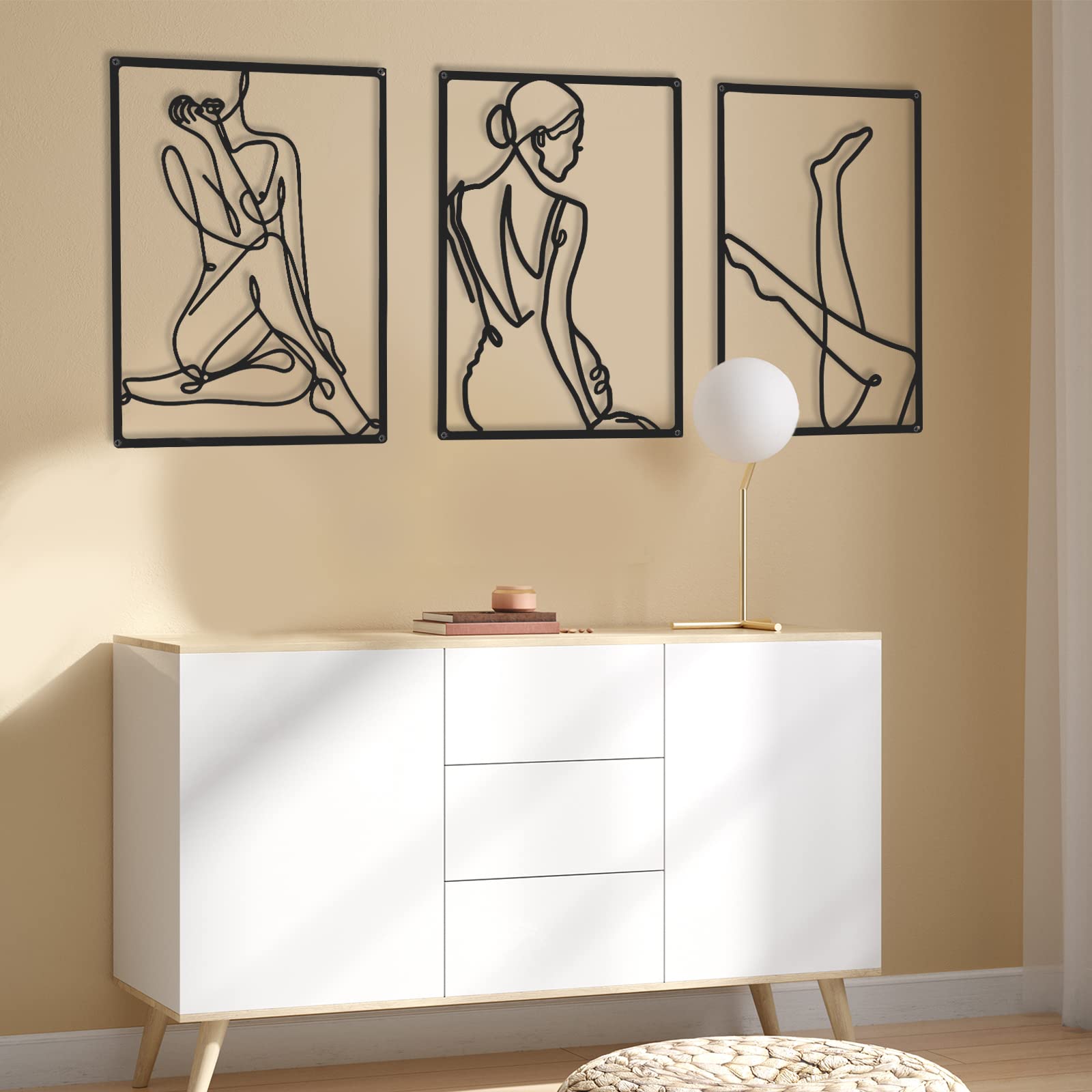 CHENGU 3 Pieces Metal Minimalist Abstract Woman Wall Art Line Drawing Wall Art Decor Single Line Female Home Hanging for Kitchen Bathroom Living Room(Artistic Body)