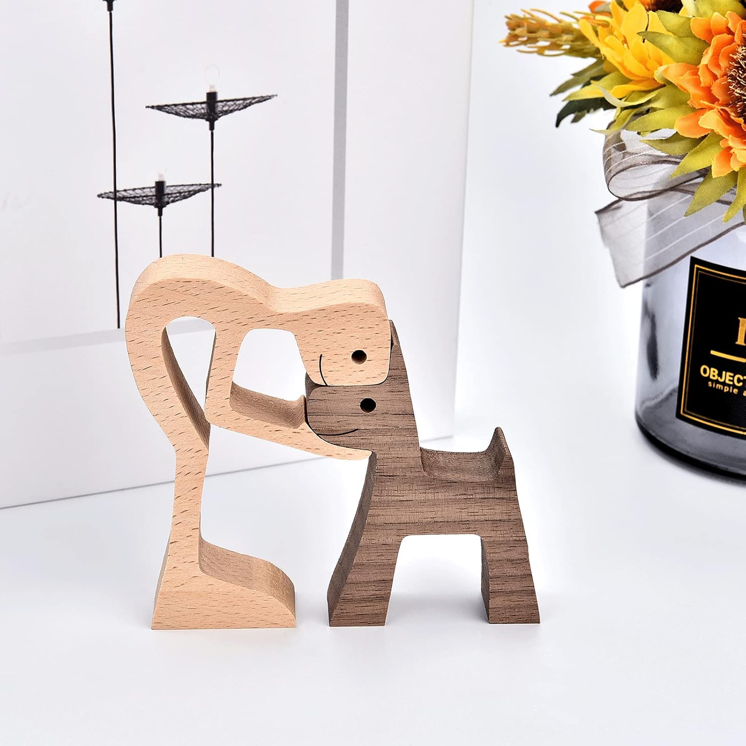 Accent Decor Men and Dog Figura Decorativa Wooden Gift Home Accents