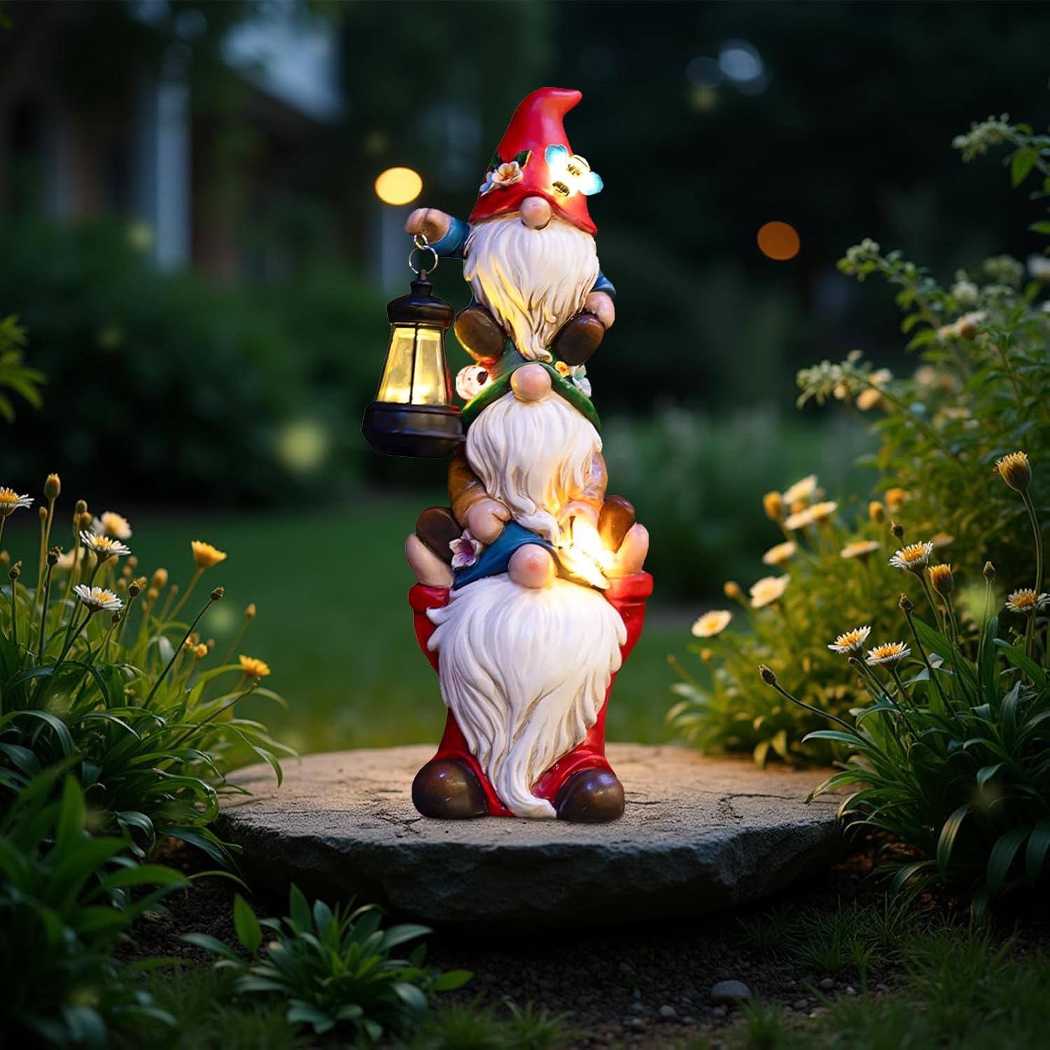 Garden Gnome Statue with Solar Lights Large Garden Sculptures Funny Triple Gnome Outdoor Patio Lawn Yard Garden Decor Gifts for Women Mom 12 in Spring Gnomes Outdoor