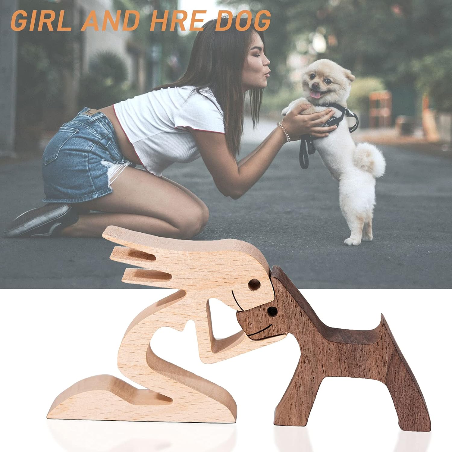 Small Living Room Decor Women and Dog Statue Wood Decorations for Home