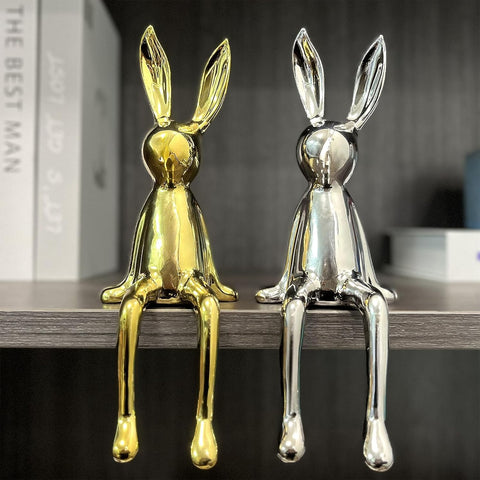 2-Piece Rabbit Decor Sculptures - Home, Office, Living Room, Bedroom - Accents, Decorations, Figurines - Small Statues for Bookshelf, Desk - Ideal Gifts (Gold, Silver)