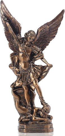 QIANLING 12.5in San Miguel Arcangel Statue, St Michael Statue in Bronzed Resin, St Michael The Archangel victoriously Over Satan Collection Figurines for Collection or Decor