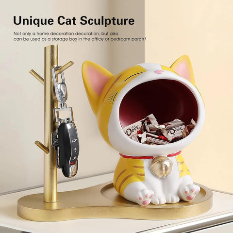 Cute Laughing Cat Figurines for Candy Dish, Key Bowl Holder, Desk, Office Accessories Storage, Home Decor Art Sculpture Gift for Cat Lover, Housewarming Gifts (White)