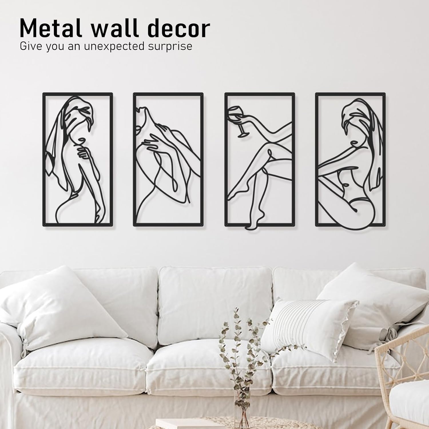 Bakovity Black Metal Bathroom Wall Art, Minimalist Woman Line Wall Decor, Metal Wall Decor for Bathroom Bedroom Living Room (4 Pcs,17 x 9 in)