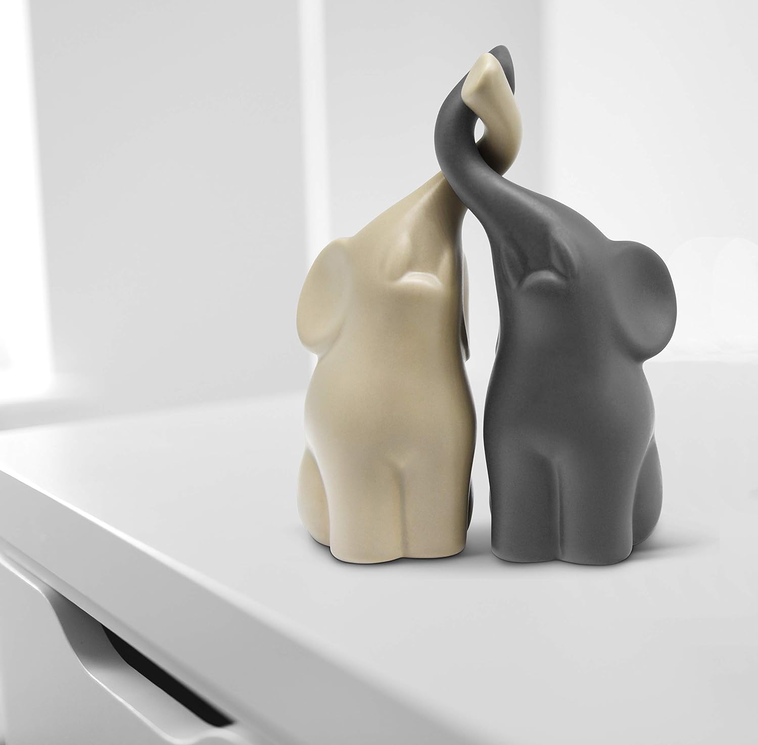 Loving Pair of Elephants in Beige & Grey - Modern Ceramic Sculpture - Figurine as a Set - Decoration Figure 6.3" high - Ornament Elephant in Love