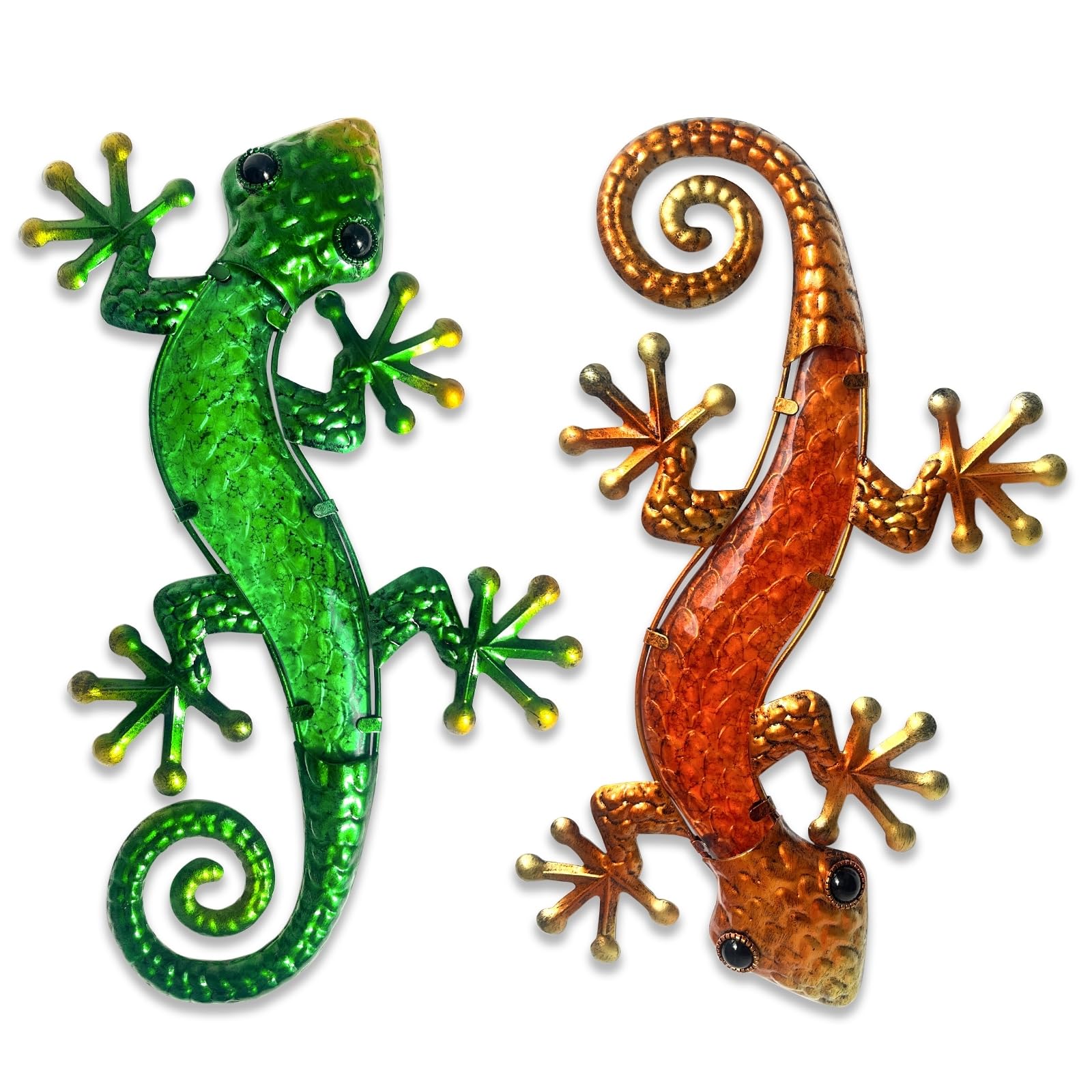 HONGLAND Metal Gecko Wall Art 2 Pack 15 Inch Lizard Outdoor Decor Hanging Glass Sculpture Decoration for Garden Fence Home