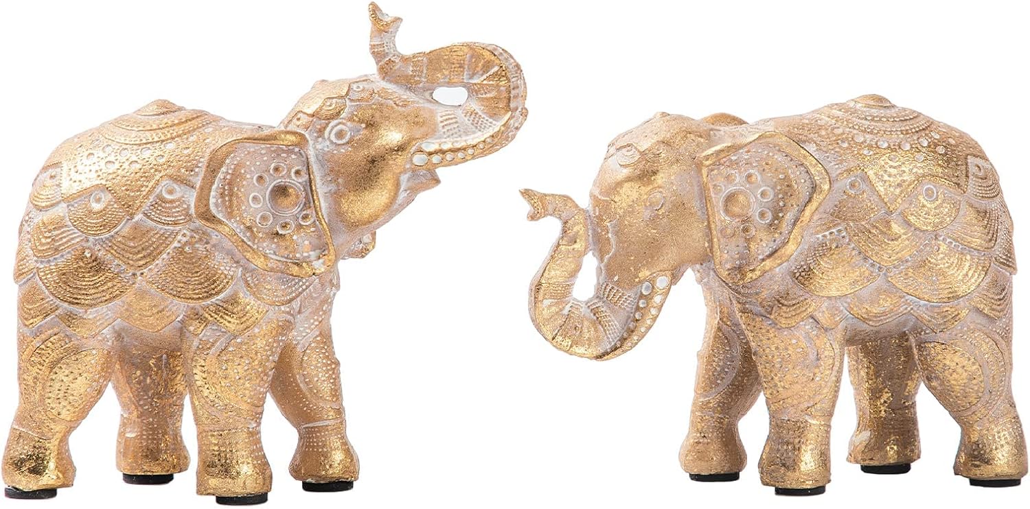 Elephant Statue for Home Decorations,Elephant Figurines with Trunk up,Elephant Decor for Shelf Shelves Table Living Room nightstand,African Elephants Gifts for Women Small Set of 2 Gold Color Accents