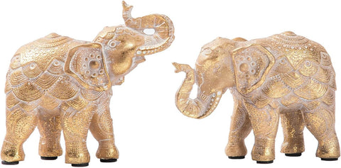 Elephant Statue for Home Decorations,Elephant Figurines with Trunk up,Elephant Decor for Shelf Shelves Table Living Room nightstand,African Elephants Gifts for Women Small Set of 2 Gold Color Accents