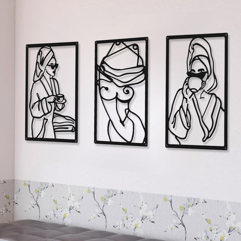 CHENGU 3 Pieces Metal Minimalist Abstract Woman Wall Art Line Drawing Wall Art Decor Single Line Female Home Hanging for Kitchen Bathroom Living Room