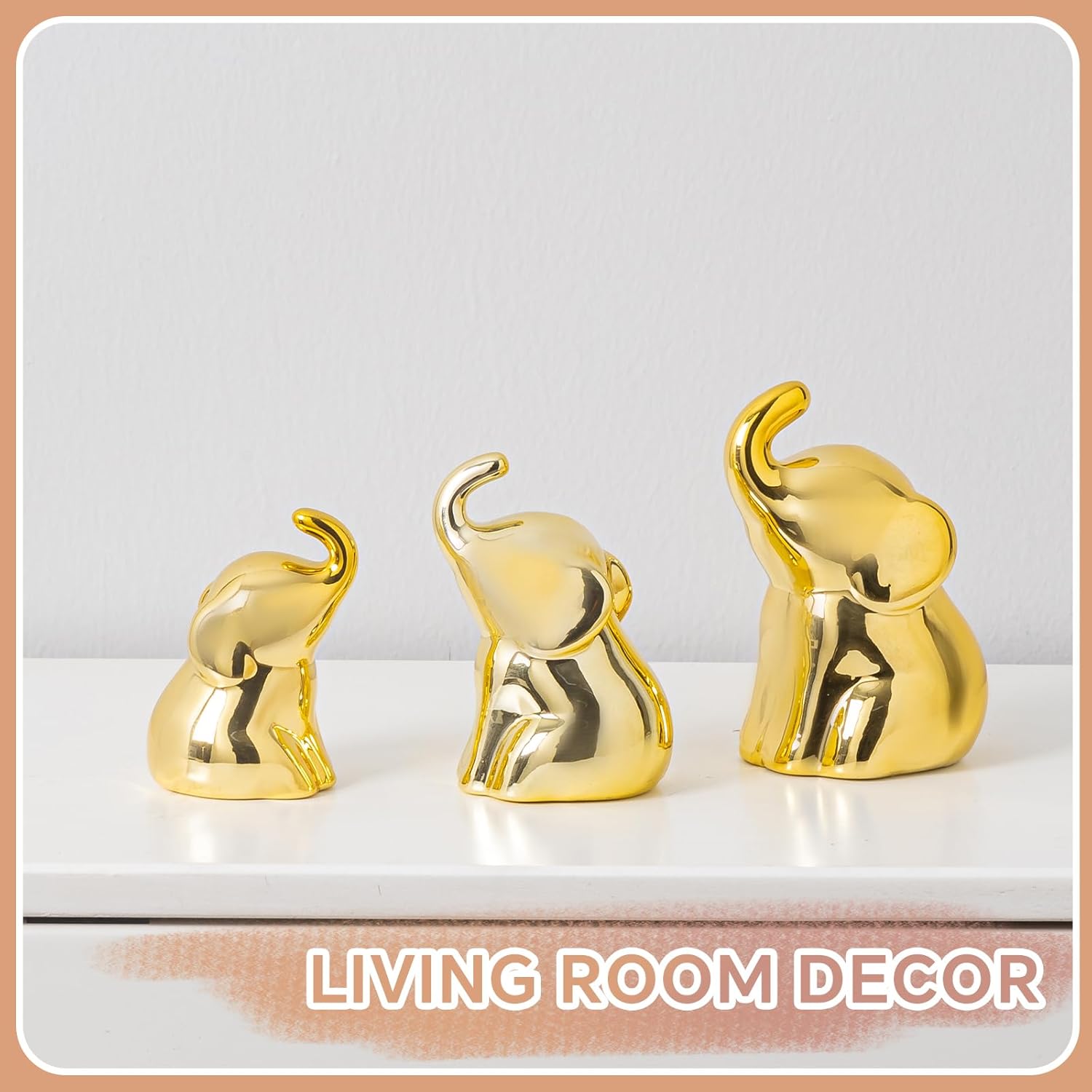 Set of 3 Cute Gold Elephant Statues, Small Decorative Accents for Shelves, Livingroom and Bedroom - Gifts for Lover, Family (Gold)