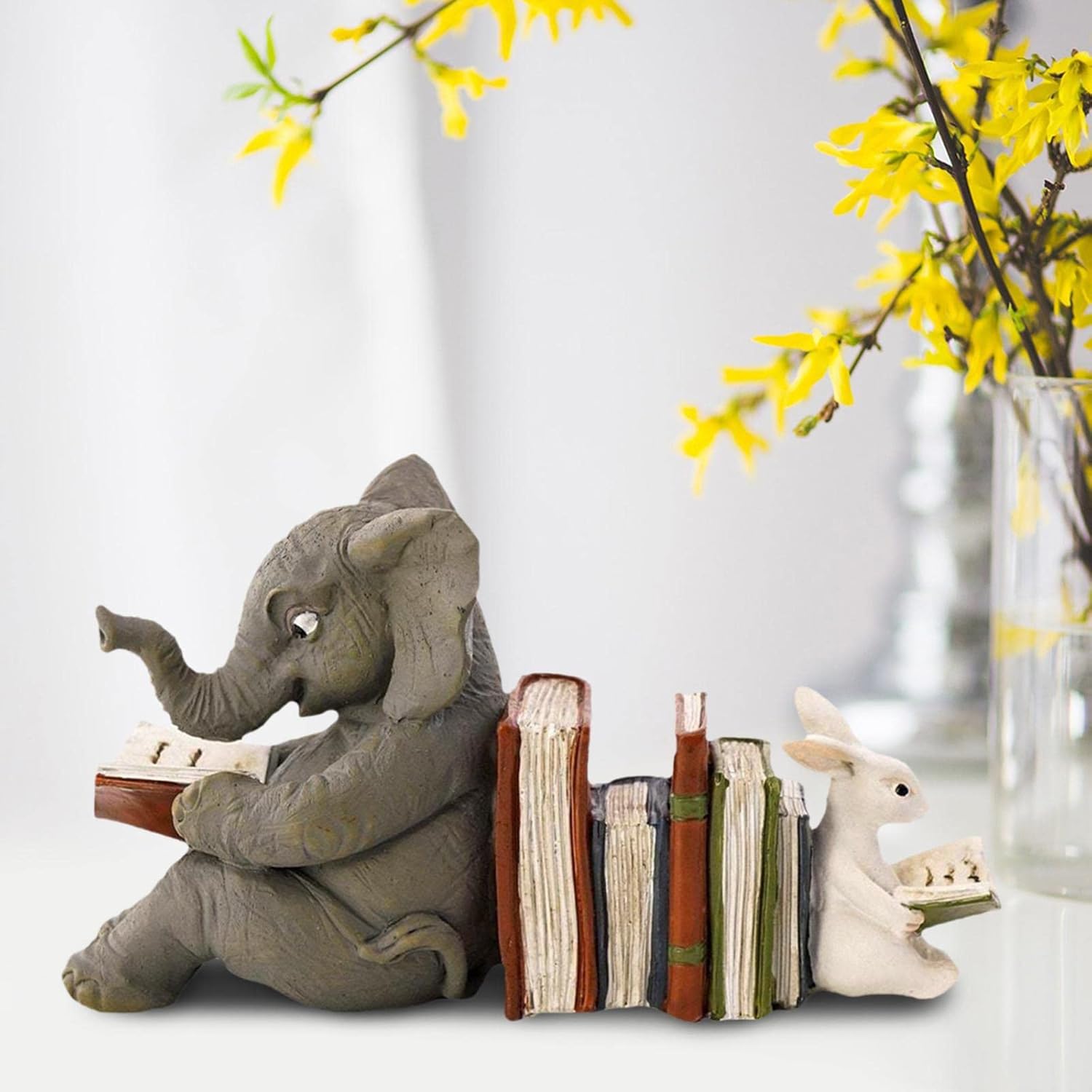 Cute Rabbit Reading Statue,Art Crafts,Resin Ornaments Animal Figurines for Bookshelf Living Wedding Decor