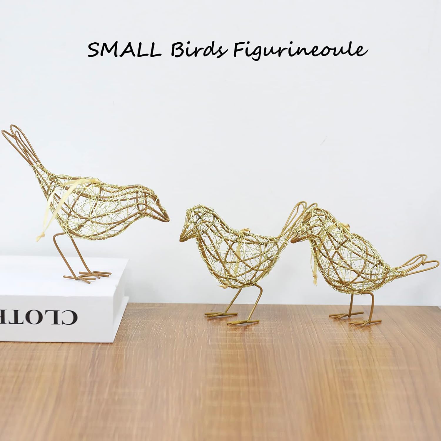 Handmade Bird Statue Rustic Table Decor Trio, Rattan Bird Figurine Farmhouse Shelf Decor, Handing Metal Sculptures for Home Decoration, Christmas Ornament & Memo Clip