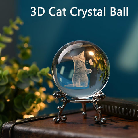 3D Cat Themed Gifts for Women Decor for Cat Lovers Cat Mom Crystal Ball Cat Related Sympathy Figurines Presents Cat Decorative Globe Decor with Stand