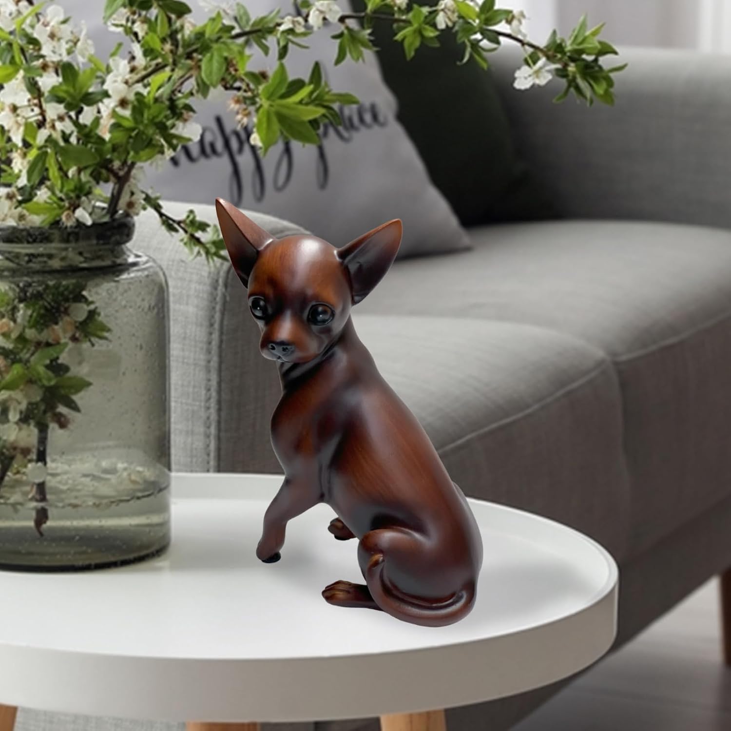 Wood Grain Dog Sculpture Gifts for Women, Wall Art Shelf Décor Accents Chihuahua Dog Statue, Handcrafted Collectible Animal Figurines for Home Office, Bookshelf, Desktop Décor-Woodgrain