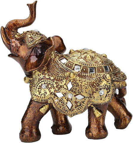 Elegant Statue Resin Feng Shui Golden Sculpture Wealth Lucky Elephant Figurine with Trunk Facing Upwards for Home Office Decoration(L)