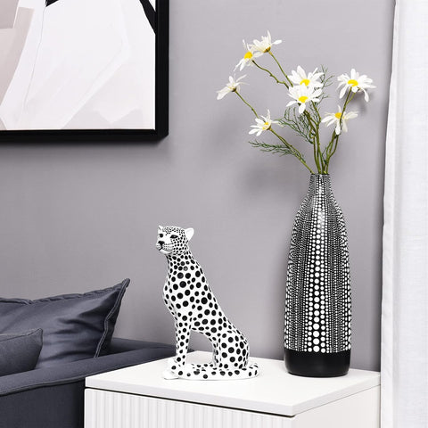 Quoowiit Statues for Home Decor, Modern Sculptures and Statues Decorations for Living Room, Bedroom, Table, Bookshelf, White Resin Leopard Art Decorative Sculpture with Black Polka Dots Design