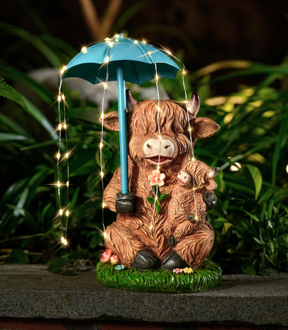 Garden Gnome Statues Resin Gnome Sitting on Highland Cow Solar Lights Outdoor Telescope Gnome Gifts for Yard, Patio Decor Gift(Cow Gnome)