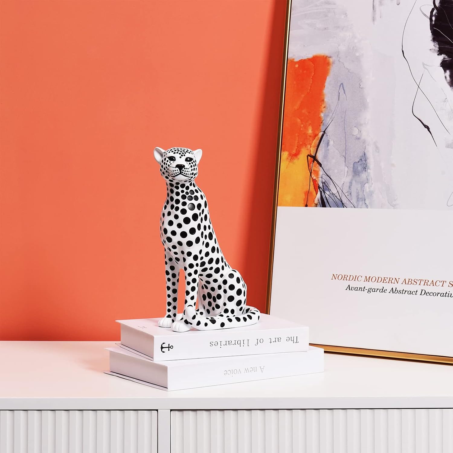 Quoowiit Statues for Home Decor, Modern Sculptures and Statues Decorations for Living Room, Bedroom, Table, Bookshelf, White Resin Leopard Art Decorative Sculpture with Black Polka Dots Design