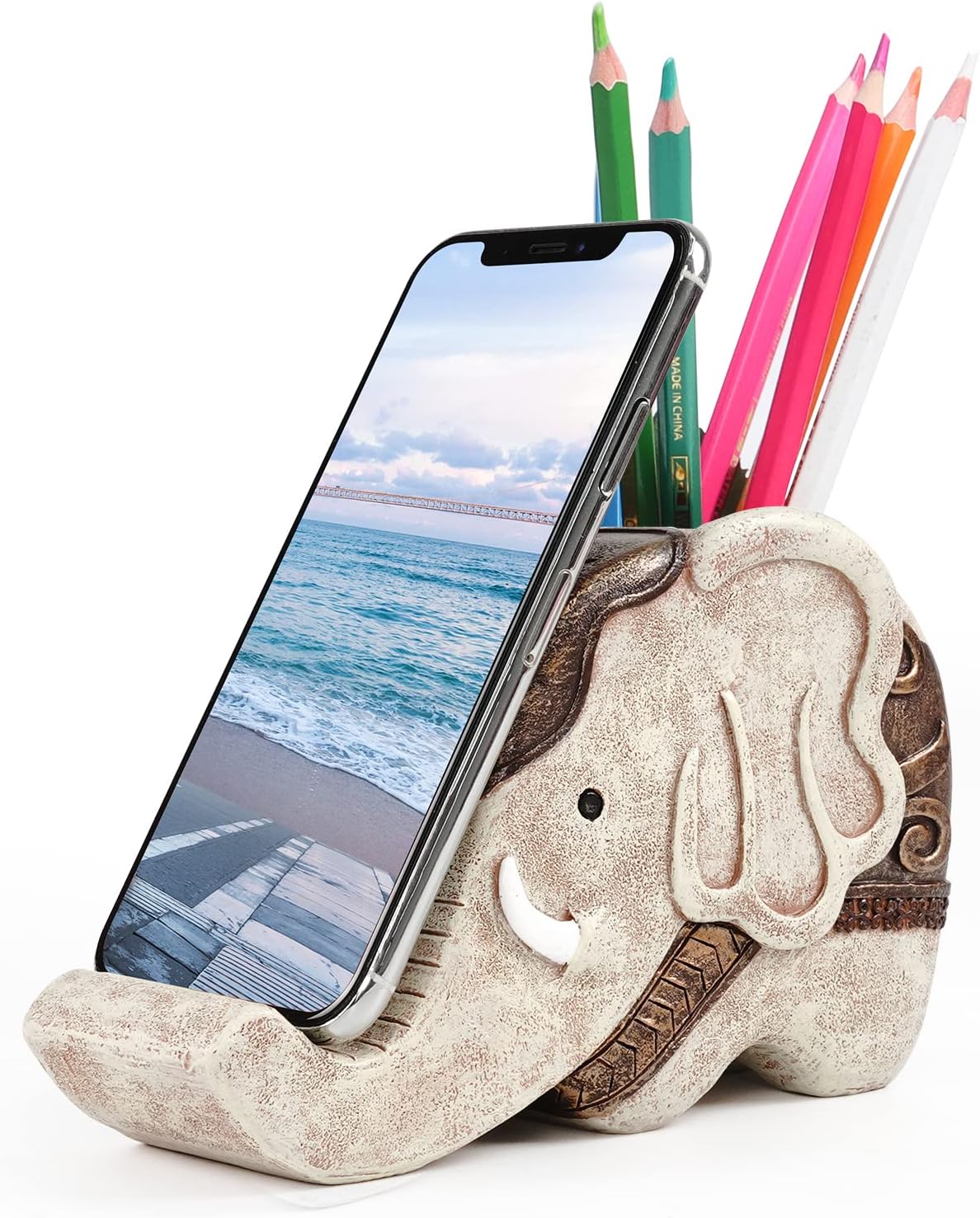 Pen Pencil Holder with Phone Stand, Multifunctional Elephant Shaped Desk Organizer Desk Decor Elephant Gifts for Women Cute Desk Accessories Home Office Decoration Thanksgiving Christmas Gift