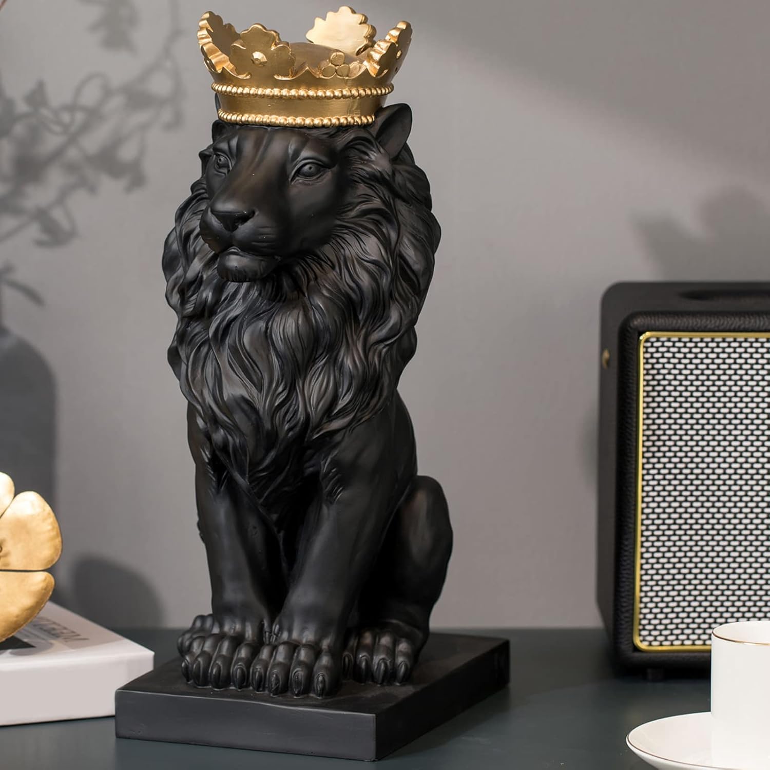 LCdecohome Lion Statue - Outdoor Collectible Figurine, 15 Inch Gold Crown Black Standing Lion Home Decor for Desk & Home Black Decor Gift