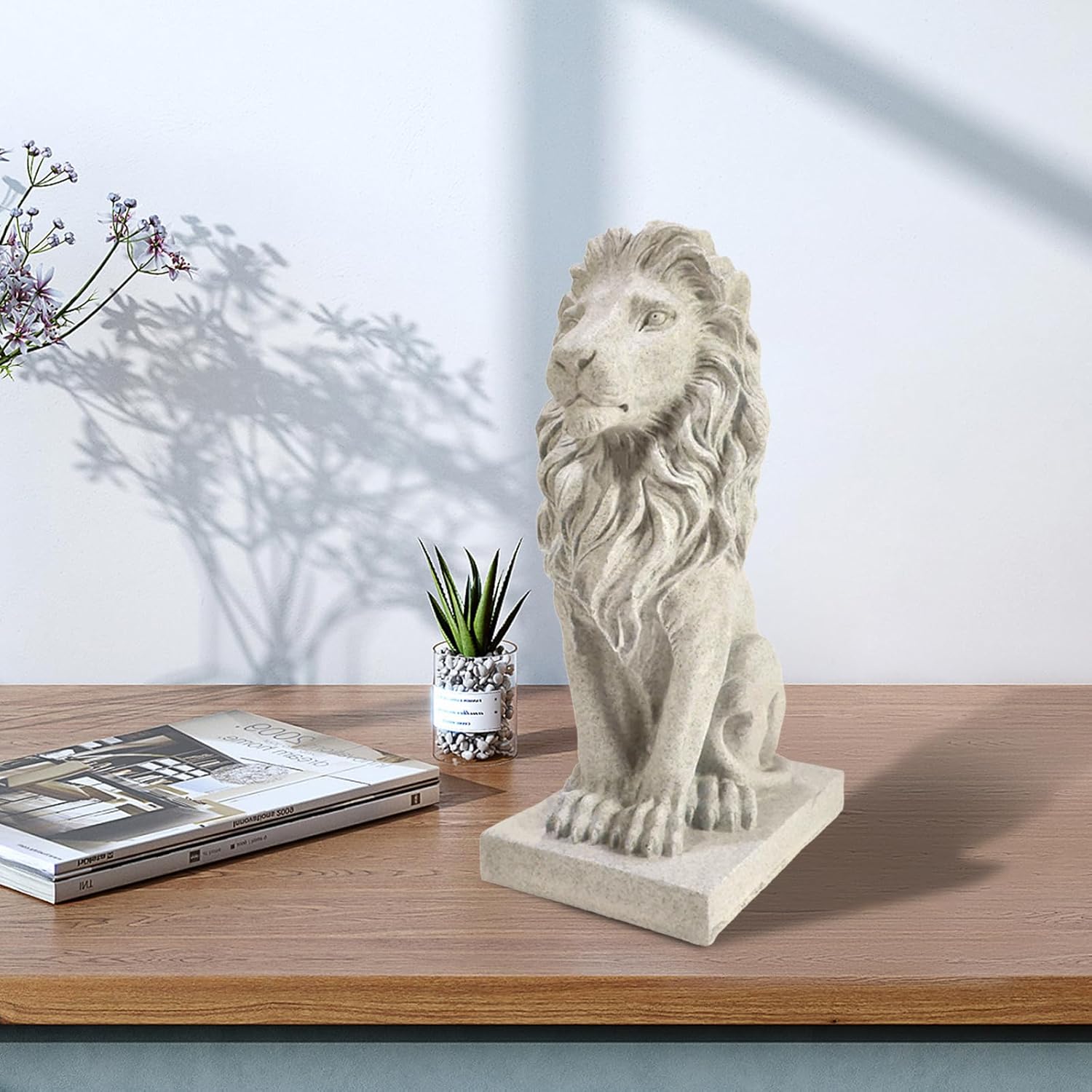 SIMON'S SHOP Lion Statues and Bookends, Beige Lion Sculptures for Mantel, Table Shelf Decor, 13'' Tall