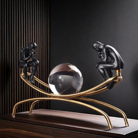 The Thinker Thinking Man Statue with Crystal Ball Sculpture Figurine, Home Office Living Room Desktop Display Decoration