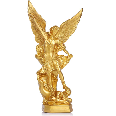 QIANLING 12.5in San Miguel Arcangel Statue, St Michael Statue in Bronzed Resin, St Michael The Archangel victoriously Over Satan Collection Figurines for Collection or Decor