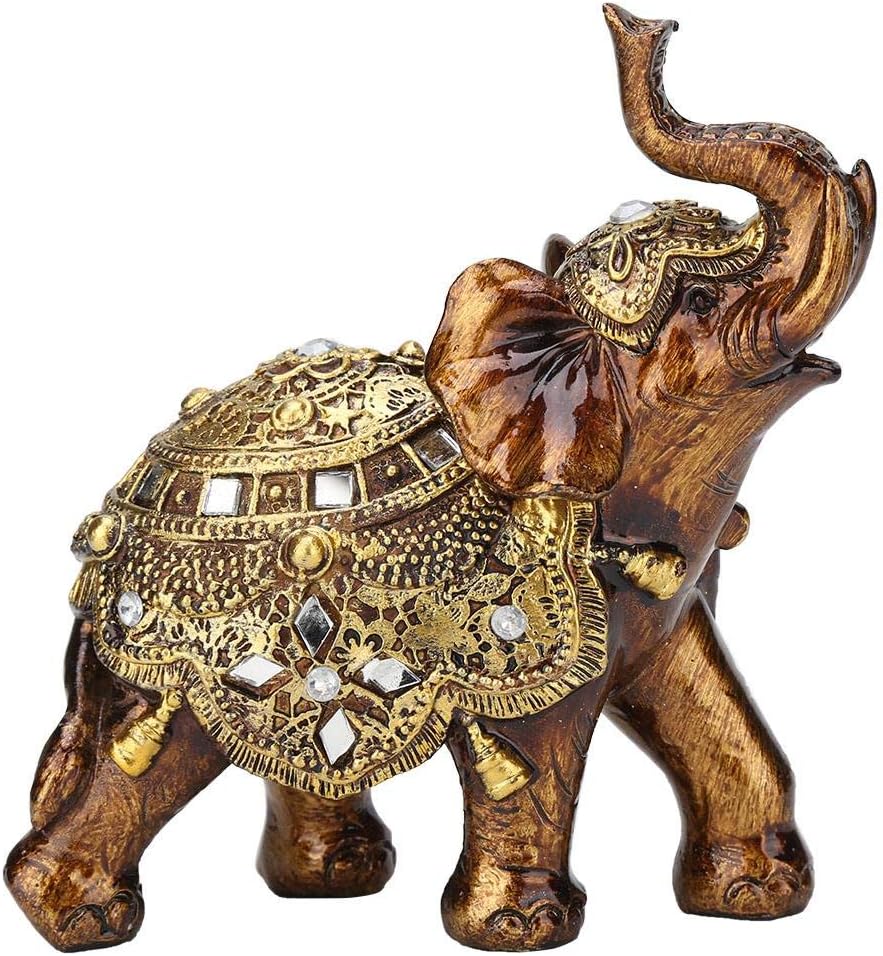 Golden Elephant Statue, Resin & Wood Grain Collectible Figurine, Feng Shui Lucky Elephant Sculpture for Home TV Cabinet