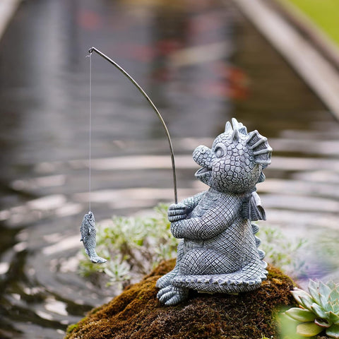 Fishing Cat Garden Statue – 10" Little Cat Fisher for Garden Pond Decor, Poolside Statue with Glow in Dark Pebbles Included,Great Gifts for Mom, Women & Birthdays (Cat)