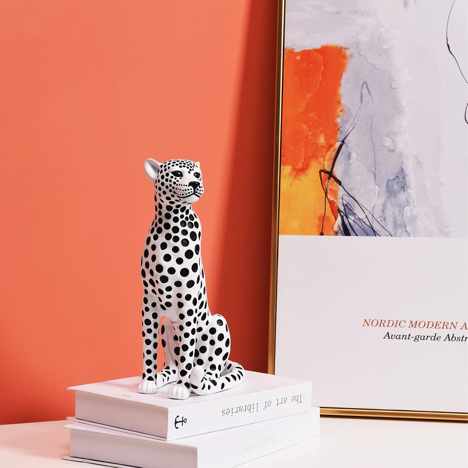 Quoowiit Statues for Home Decor, Modern Sculptures and Statues Decorations for Living Room, Bedroom, Table, Bookshelf, White Resin Leopard Art Decorative Sculpture with Black Polka Dots Design