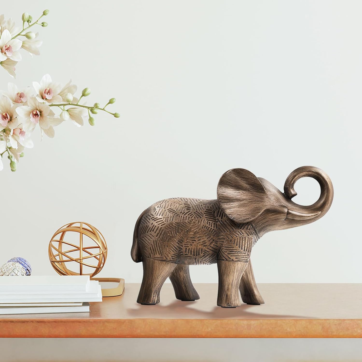 Elephant Statues, Elephant Sculptures for Table Shelf Mantel Décor, 6‘’ Bronze Animal Figurines, Paperweight