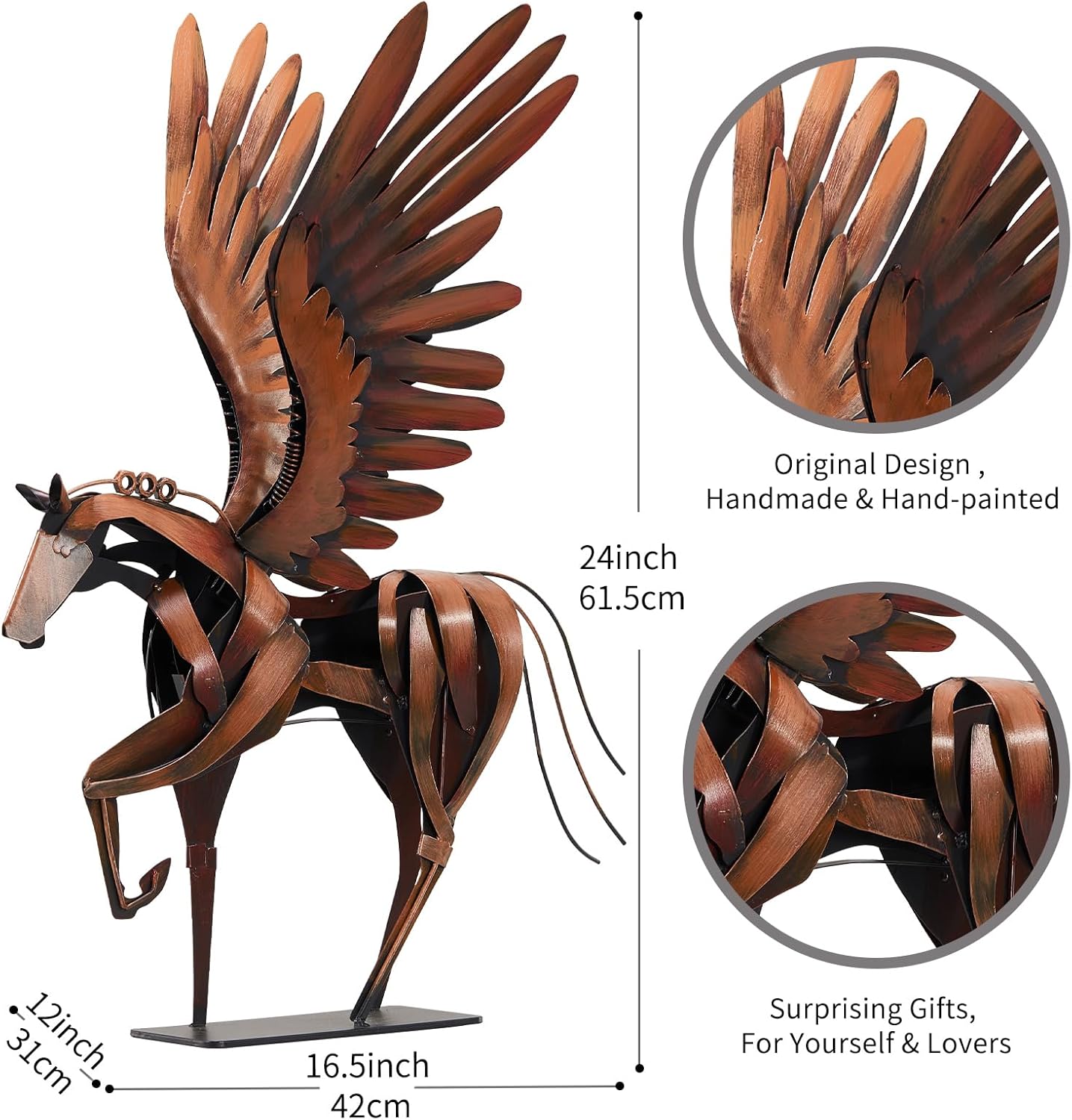 Horse Statue Décor Artwork, 24" H Handmade Metal Pegasus Greek Flying Horse Sculpture, Hand-Painted Animal Figurines for Home Living Room Office (Brown with Wings)