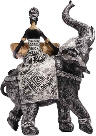 African Design Silver African Elephant and Tribal Lady Figurines with Tribal Totem, Animal and Women Decor Art Sculptures, Holder Statues for Home and Table Decor 911-Black