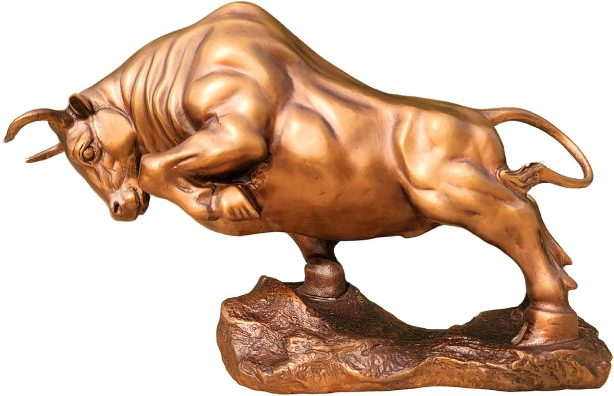 Bronze Bull Sculpture - Pure Copper Charging Bull/Cow/Ox Figure and Statue Handmand Collectable Art Decor - Raging Bull Figurine for Office& Home Decorations and Gift (L:8.3in Red)