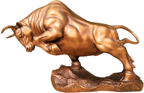 Bronze Bull Sculpture - Pure Copper Charging Bull/Cow/Ox Figure and Statue Handmand Collectable Art Decor - Raging Bull Figurine for Office& Home Decorations and Gift (L:8.3in Red)