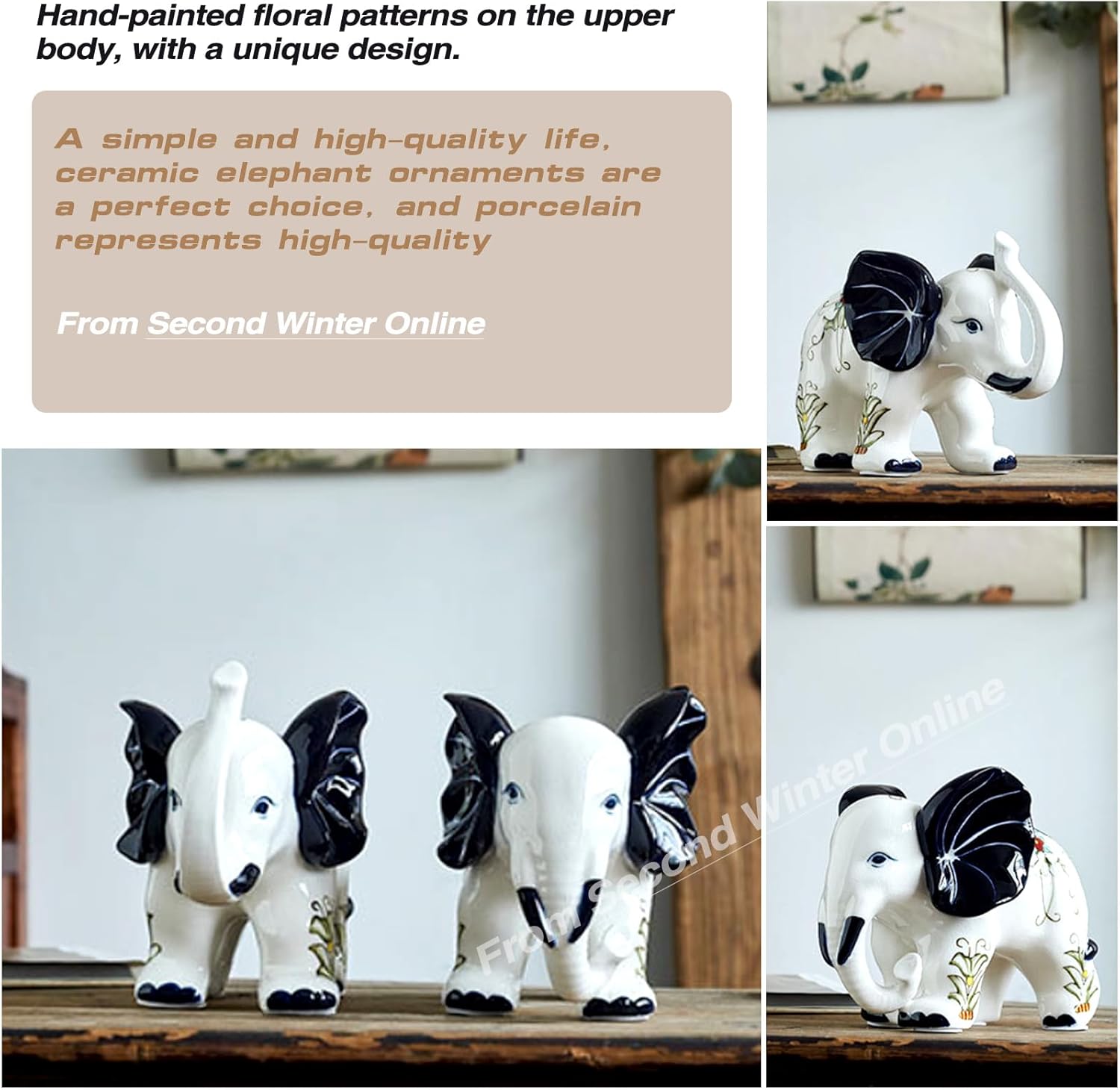 Porcelain Elephant Statue Ceramic White Table Sculpture, Desktop Art Figures Great Gift Animal Figurines Home Décor, Crafts Decorations for Living Room Party Foyer (White-ElephantNoseUP)