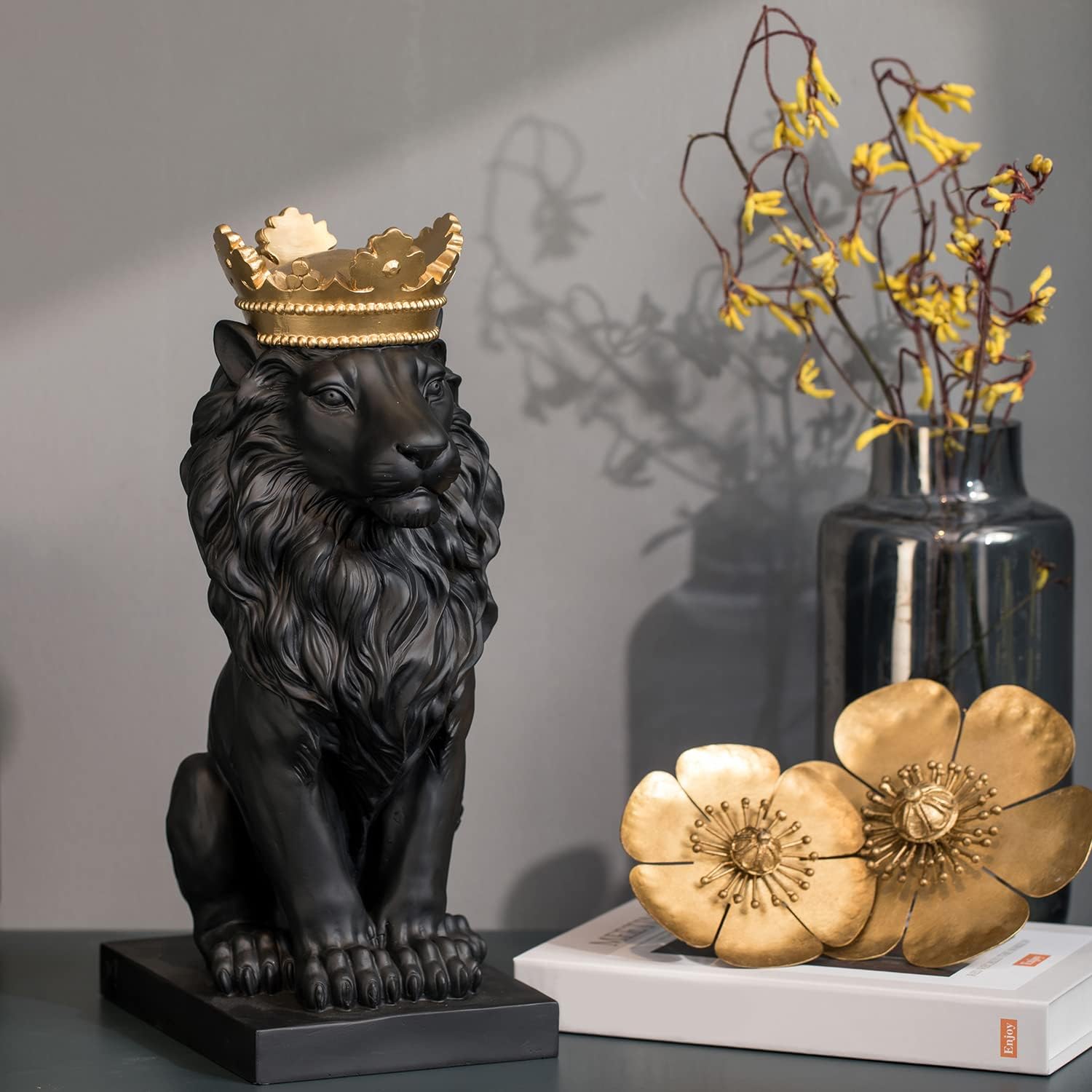 Lion Statue - Outdoor Collectible Figurine, 15 Inch Gold Crown Black Standing Lion Home Decor for Desk & Home Black Decor Gift