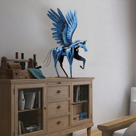 Horse Statue Décor Artwork, 24" H Handmade Metal Pegasus Greek Flying Horse Sculpture, Hand-Painted Animal Figurines for Home Living Room Office (Brown with Wings)