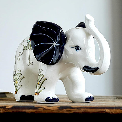 Porcelain Elephant Statue Ceramic White Table Sculpture, Desktop Art Figures Great Gift Animal Figurines Home Décor, Crafts Decorations for Living Room Party Foyer (White-ElephantNoseUP)