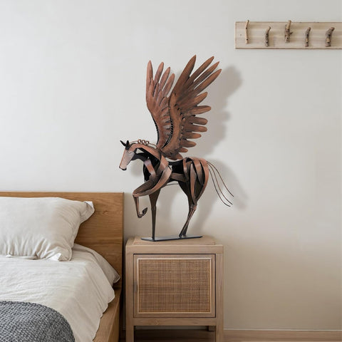 Horse Statue Décor Artwork, 24" H Handmade Metal Pegasus Greek Flying Horse Sculpture, Hand-Painted Animal Figurines for Home Living Room Office (Brown with Wings)